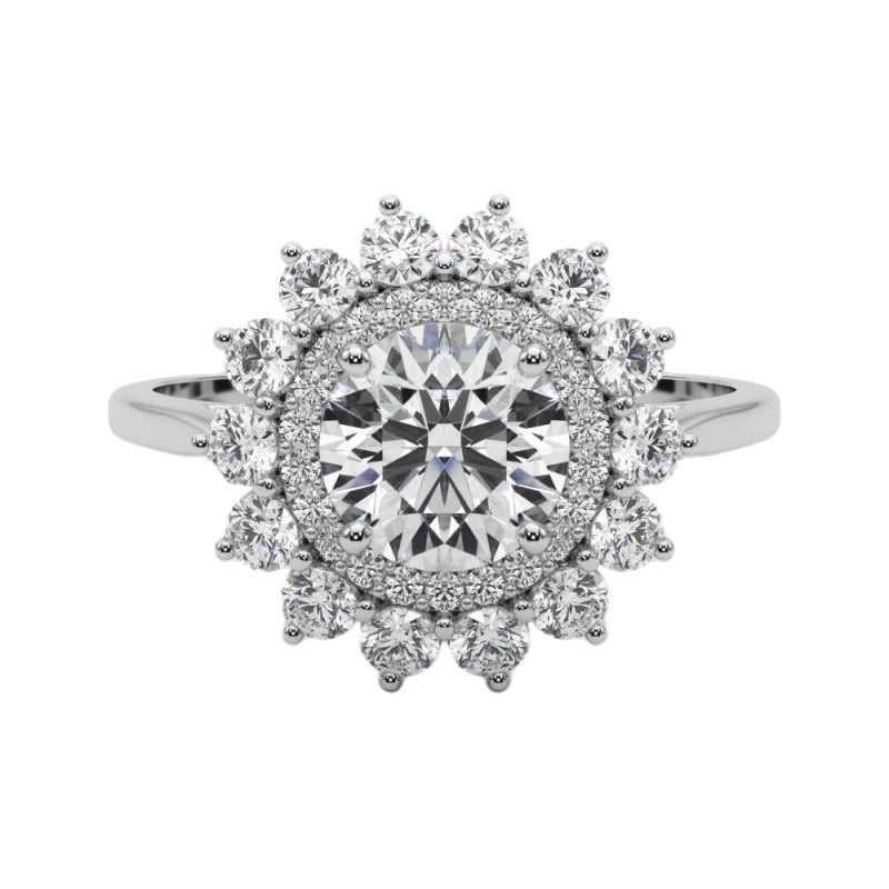GIA Certified 0.9 Carat Round Halo Sunflower Cluster Diamond Ring