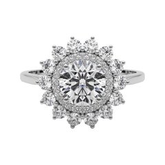 GIA Certified 0.9 Carat Round Halo Sunflower Cluster Diamond Ring