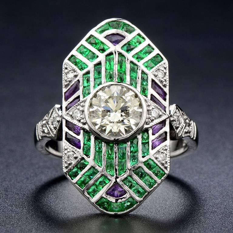 GIA Certified 0.90 Carat Diamond L Color VS1 Clarity set in the center with 10 pieces 0.10 Carat Diamond. The Color Stones are mixed with French Cut Amethyst 10 pieces 1.05 Carat and French Cut Emerald 54 pieces 1.59 Carat. 

This Ring was made in