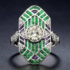 GIA Certified 0.90 Carat Diamond Emerald Amethyst Platinum Cocktail Ring