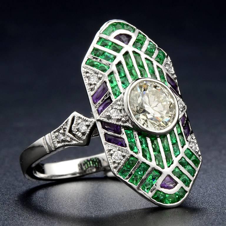 Art Deco GIA Certified 0.90 Carat Diamond Emerald Amethyst Platinum Cocktail Ring