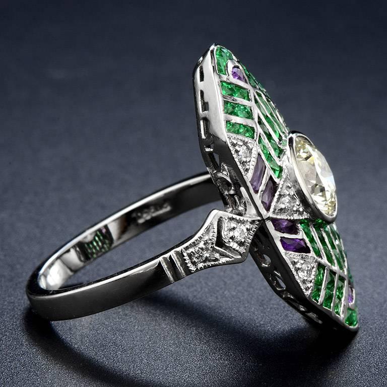 Round Cut GIA Certified 0.90 Carat Diamond Emerald Amethyst Platinum Cocktail Ring