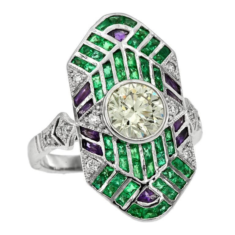 GIA Certified 0.90 Carat Diamond Emerald Amethyst Platinum Cocktail Ring