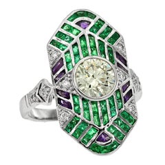 Retro GIA Certified 0.90 Carat Diamond Emerald Amethyst Platinum Cocktail Ring