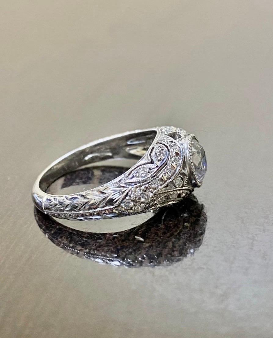 GIA Certified 0.90 Carat Engraved Platinum Old European Diamond Engagement Ring For Sale 5