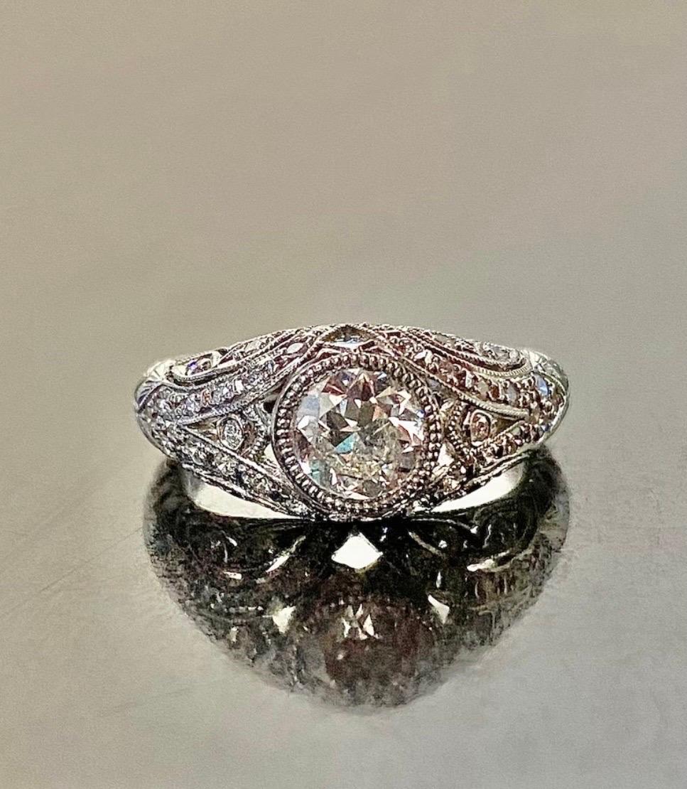GIA Certified 0.90 Carat Engraved Platinum Old European Diamond Engagement Ring For Sale 6