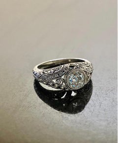 GIA Certified 0.90 Carat Engraved Platinum Old European Diamond Engagement Ring