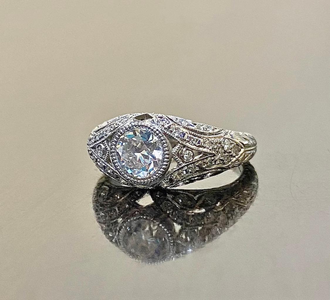 GIA Certified 0.90 Carat Engraved Platinum Old European Diamond Engagement Ring In New Condition For Sale In Los Angeles, CA
