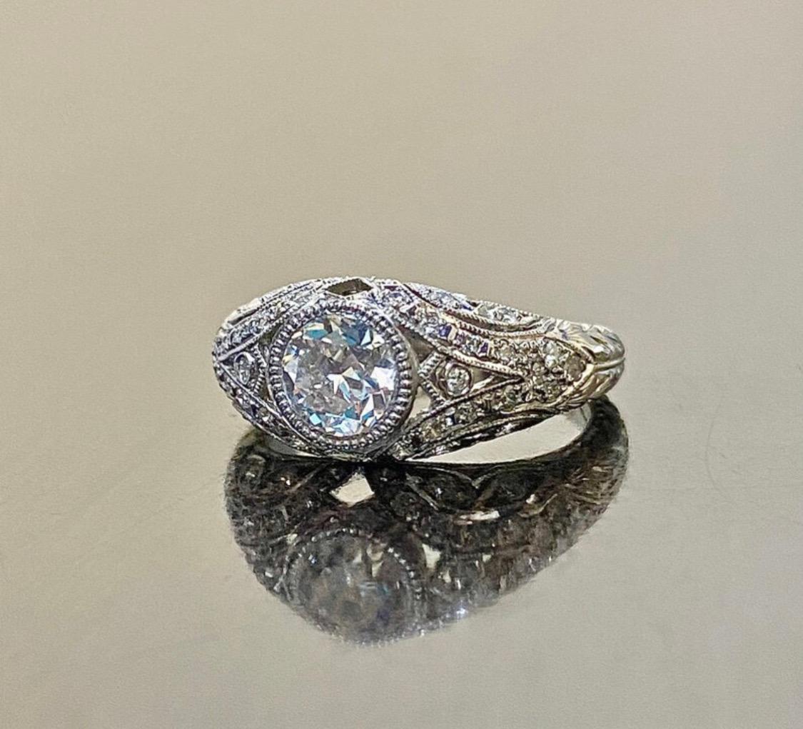 GIA Certified 0.90 Carat Engraved Platinum Old European Diamond Engagement Ring For Sale 2