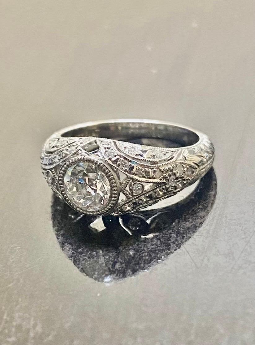 GIA Certified 0.90 Carat Engraved Platinum Old European Diamond Engagement Ring For Sale 3