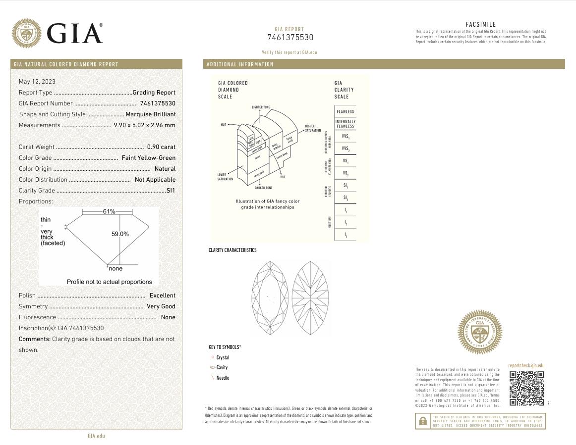 GIA Certified 0.90 Carat Faint Yellow Green SI1 Clarity Diamond For Sale 1