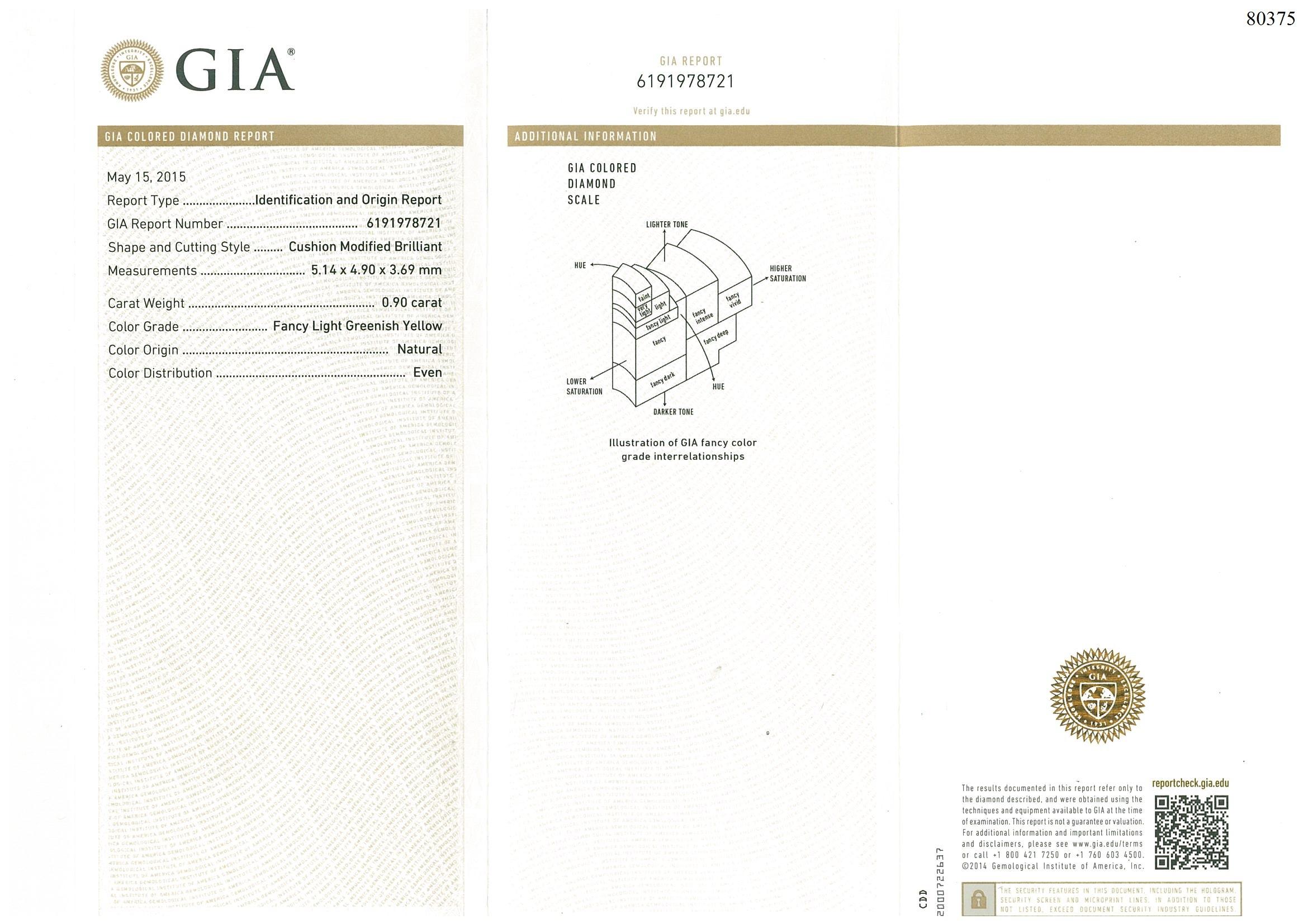 GIA Certified 0.90 Carat Fancy Light Greenish Yellow Diamond Ring In New Condition For Sale In Tsim Sha Tsui, HK