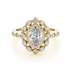 GIA Certified 0.90 Carat Oval Double Halo Flower 18K Yellow Gold Diamond Ring