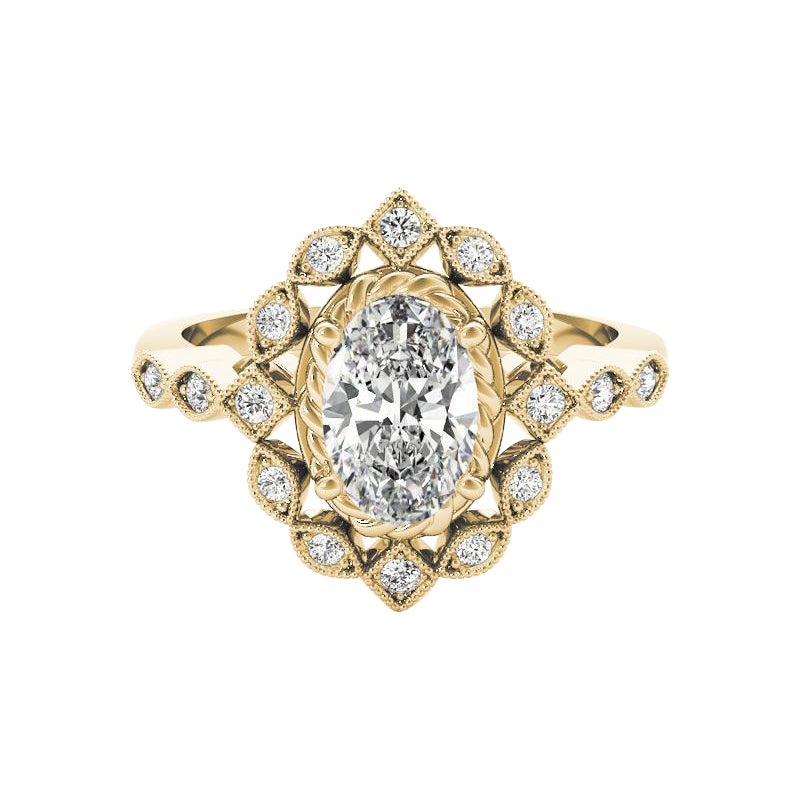 Bague en or jaune 18 carats diamant certifié GIA 0.90 carat Oval Double Halo Flower