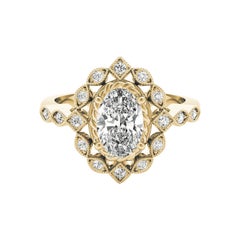 Bague en or jaune 18 carats diamant certifié GIA 0.90 carat Oval Double Halo Flower