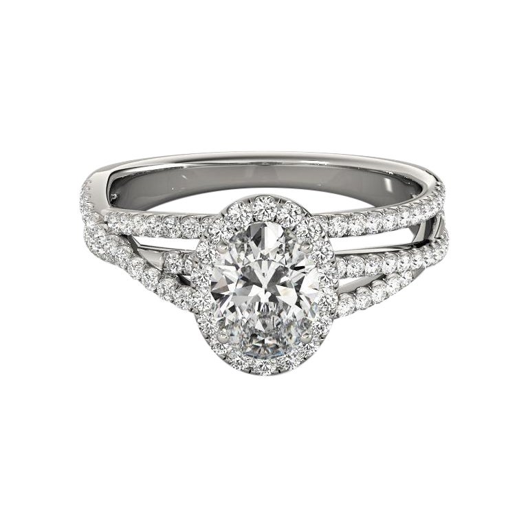 GIA Certified 0.90 Carat Oval Halo Triple Pave Band White Gold Diamond Ring