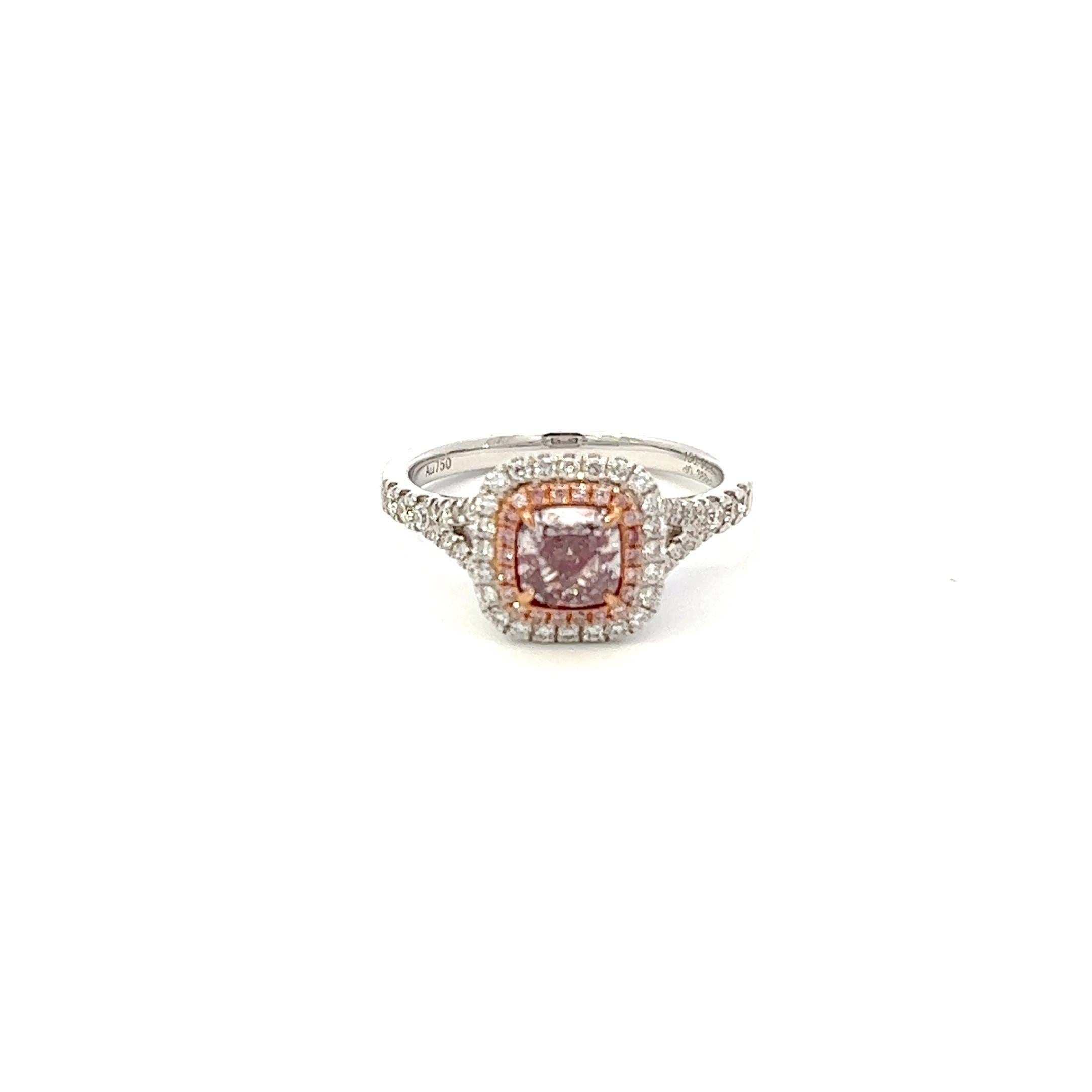 Center: 0.90ct Fancy Light Brown-Pink Cushion GIA# 2213115577
Setting: 18k White Gold 0.38ctw Pink and White Diamonds

An extremely rare and stunning natural pink diamond center. Pink Diamonds account for less than 0.01% of all diamonds mined in the