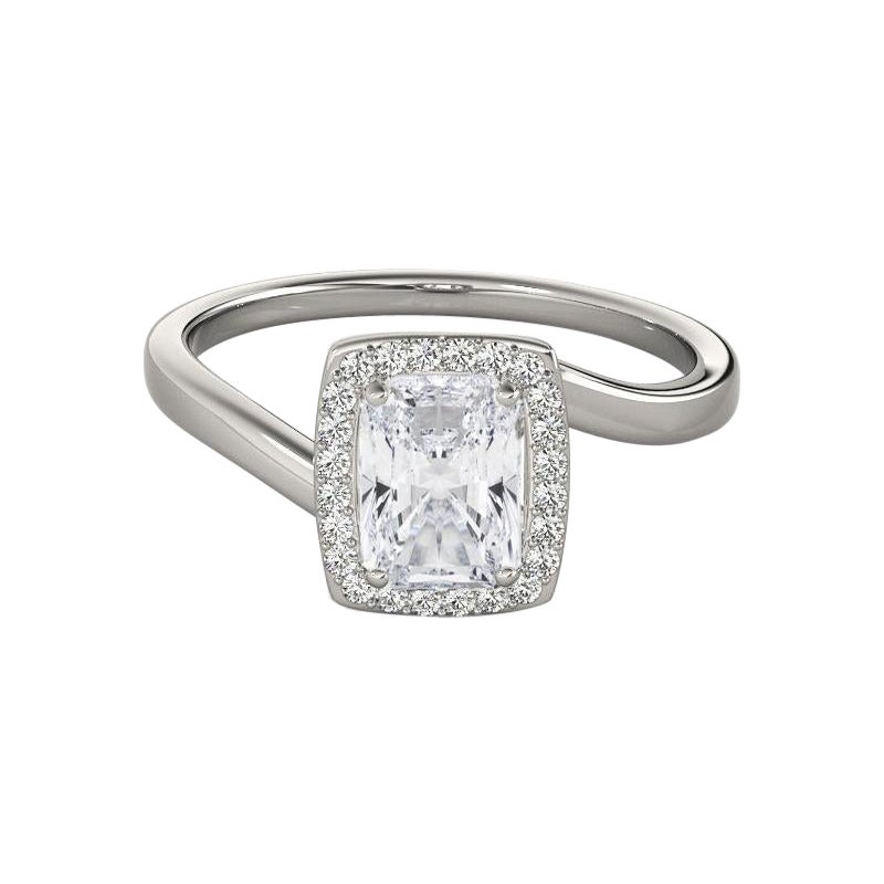 GIA Certified 0,90 Karat Radiant Halo Curved Bypass Platin Diamantring im Angebot