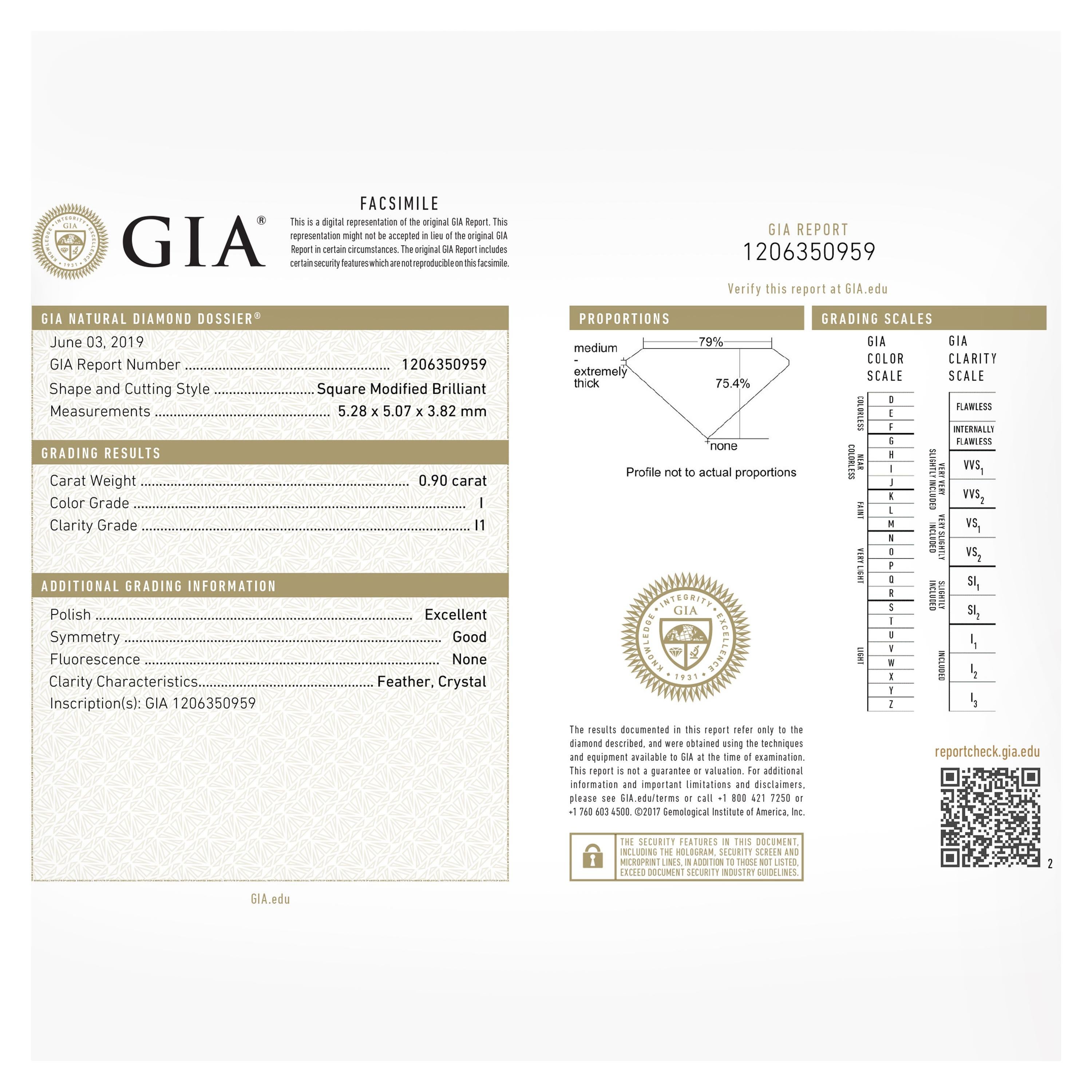 GIA Certified Princess cut Bezel Set Diamond Necklace in 14K Yellow Gold 0.90 Ct