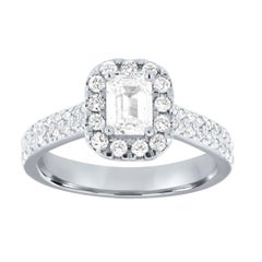 GIA Certified 0.90 Emerald Cut Halo Platinum Two Rows Diamond Ring