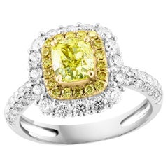 GIA Certified 0.91 Carat Cushion Cut Yellow Diamond Ring in 18k Gold