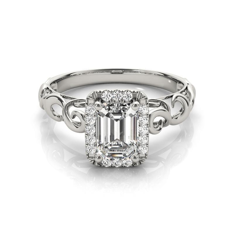 Taglio smeraldo GIA Certified 0.91 Carat Emerald Halo Ribbon Cathedral Diamond Ring in vendita