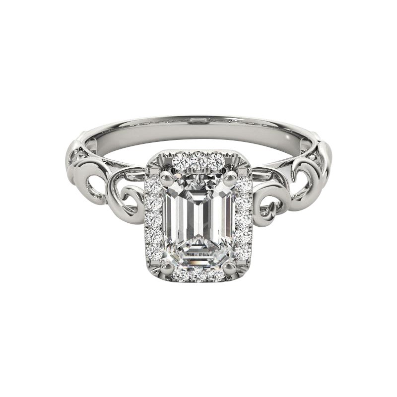 GIA Certified 0.91 Carat Emerald Halo Ribbon Cathedral Diamond Ring