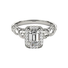 GIA Certified 0.91 Carat Emerald Halo Ribbon Cathedral Diamond Ring