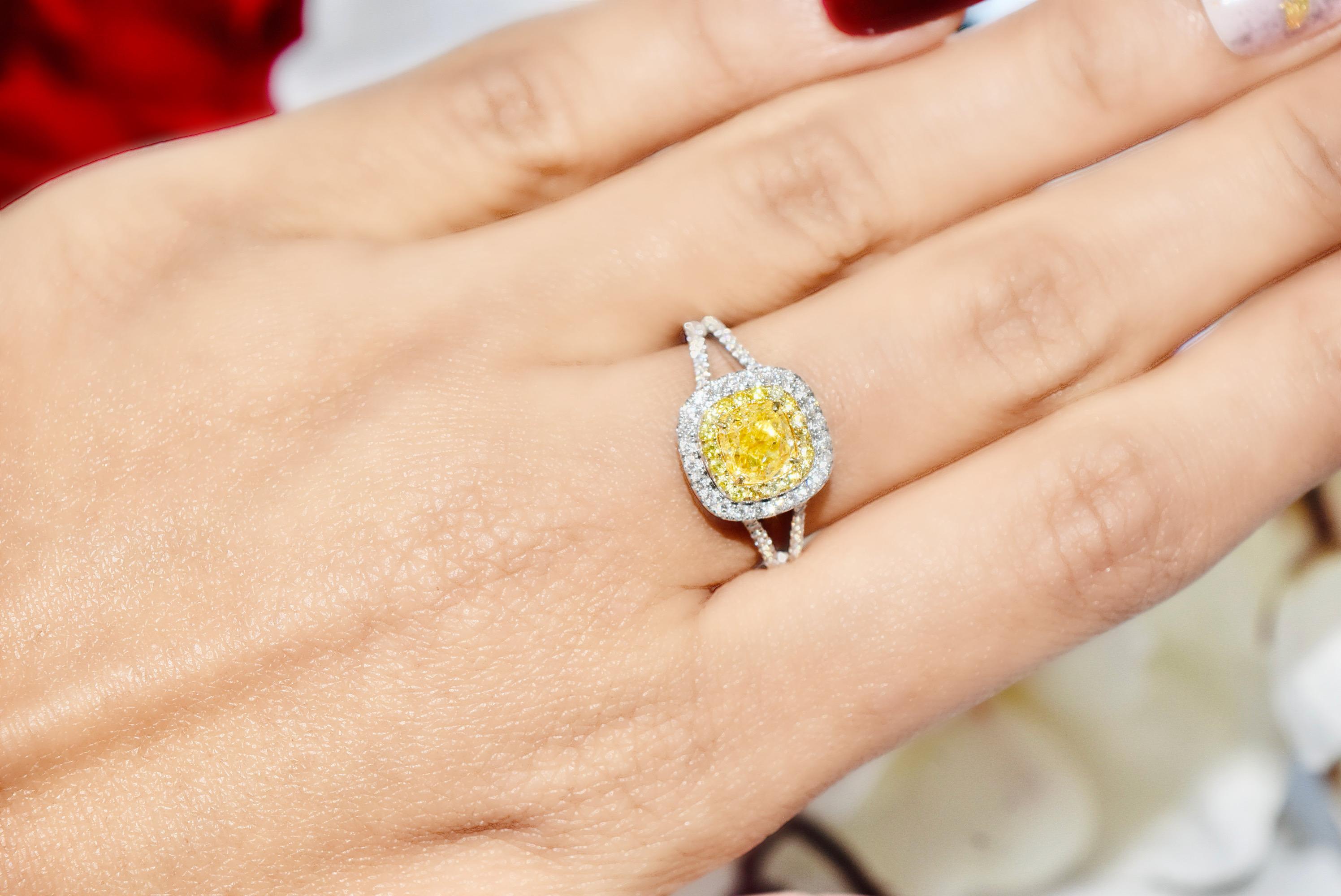 GIA Certified 0.91 Carat Fancy Yellow I2 Clarity Diamond Ring For Sale 5