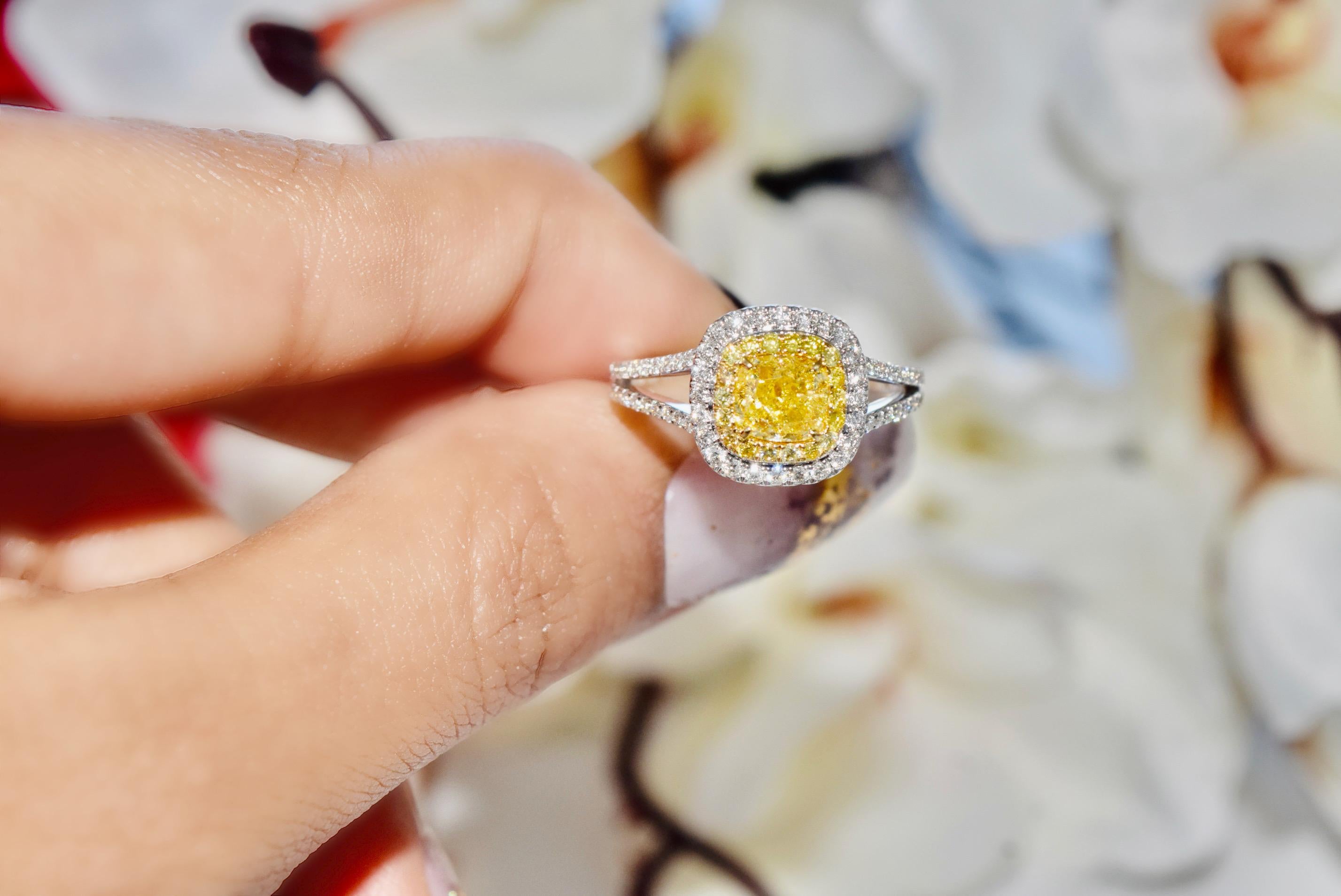 GIA Certified 0.91 Carat Fancy Yellow I2 Clarity Diamond Ring For Sale 6