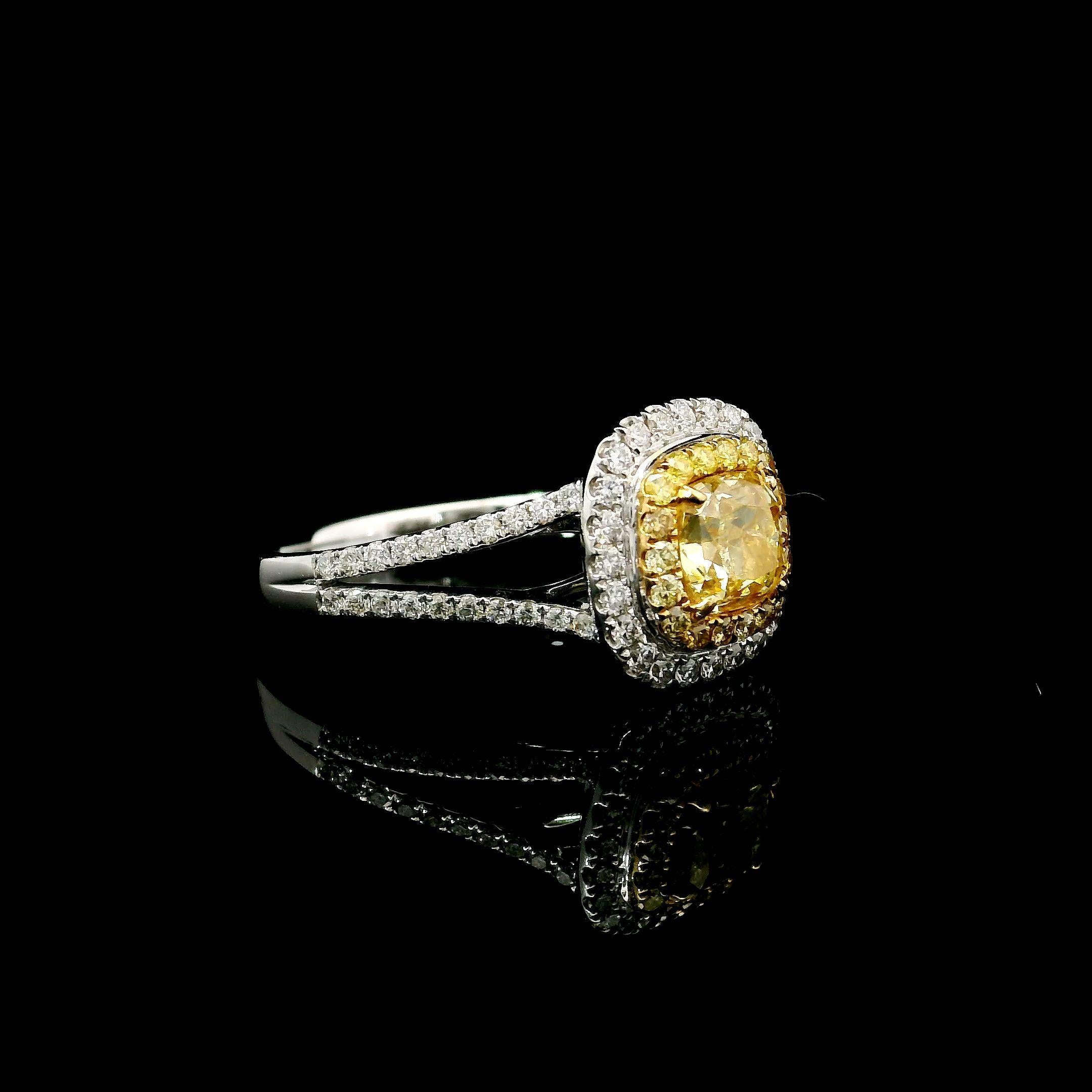 Cushion Cut GIA Certified 0.91 Carat Fancy Yellow I2 Clarity Diamond Ring For Sale