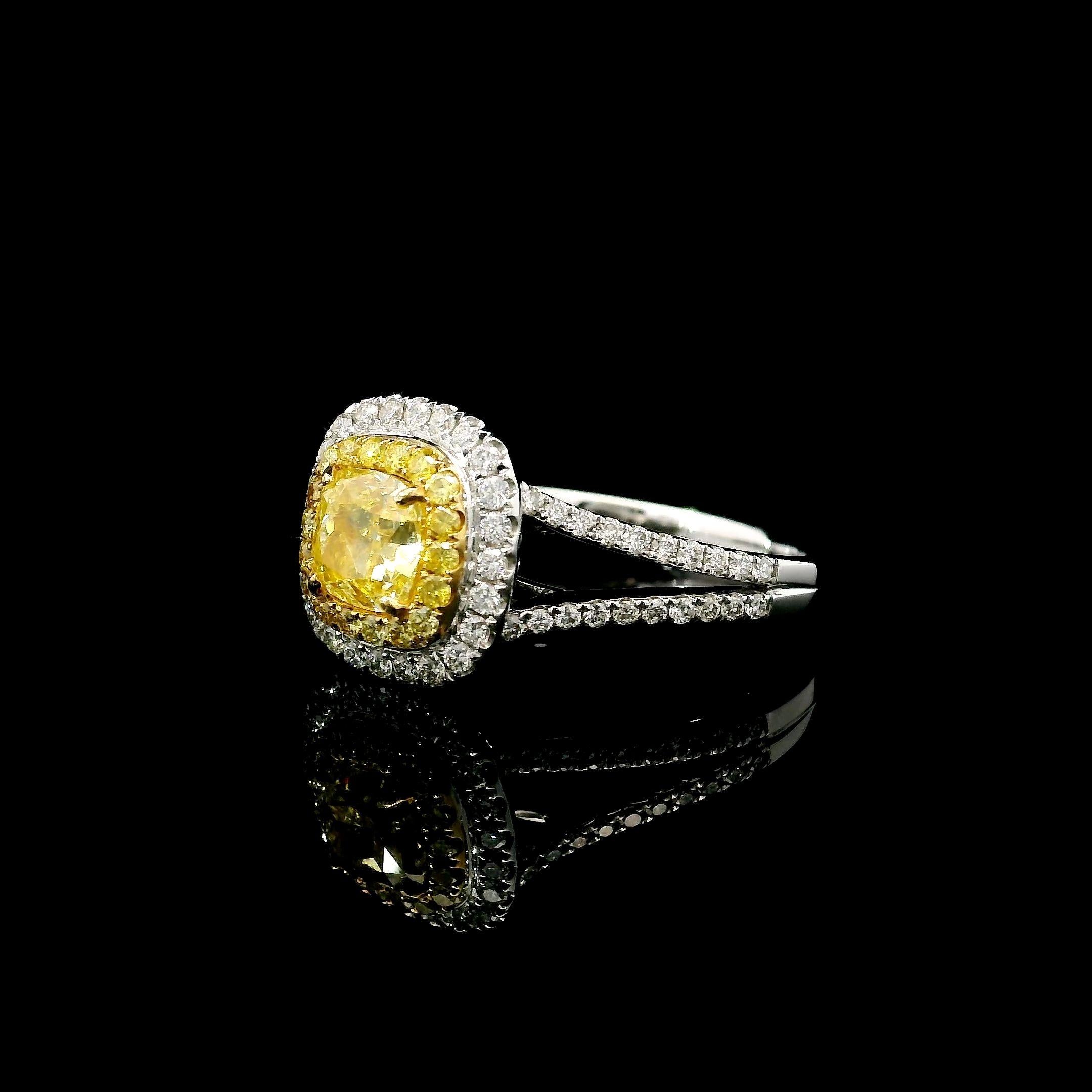 GIA Certified 0.91 Carat Fancy Yellow I2 Clarity Diamond Ring In New Condition For Sale In บางรัก, TH