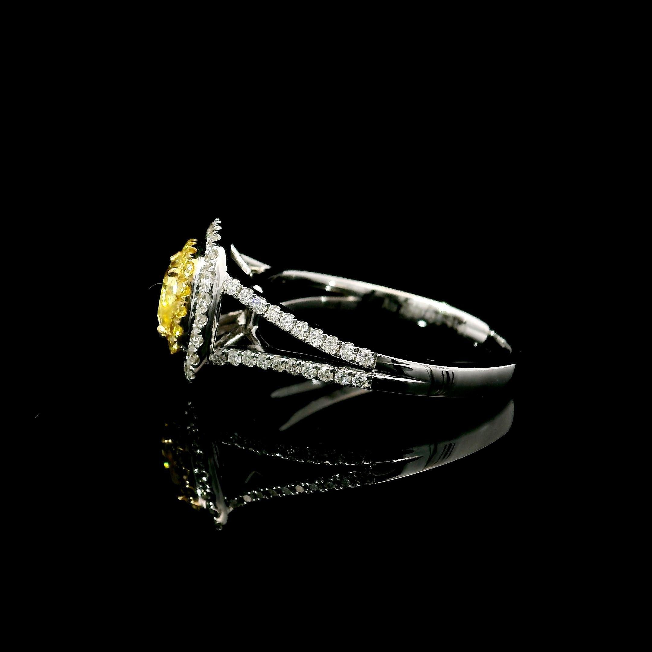 GIA Certified 0.91 Carat Fancy Yellow I2 Clarity Diamond Ring For Sale 1