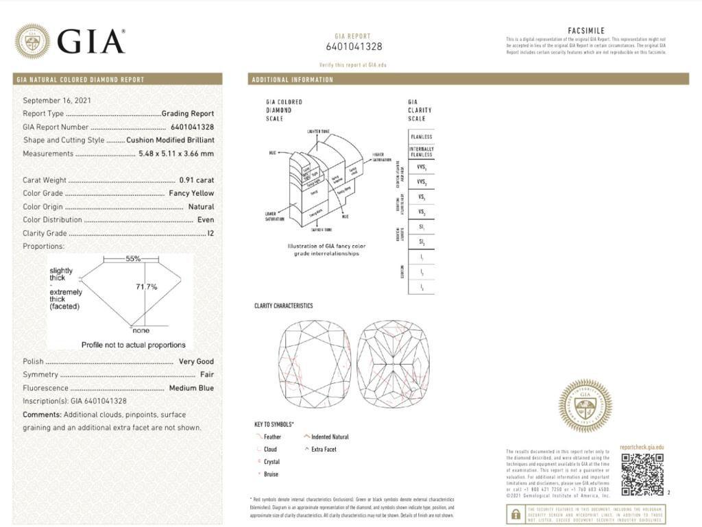 GIA Certified 0.91 Carat Fancy Yellow I2 Clarity Diamond Ring For Sale 3