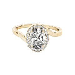Bague en or jaune 18 carats diamant certifié GIA 0.91 carat Oval Halo Curved Bypass