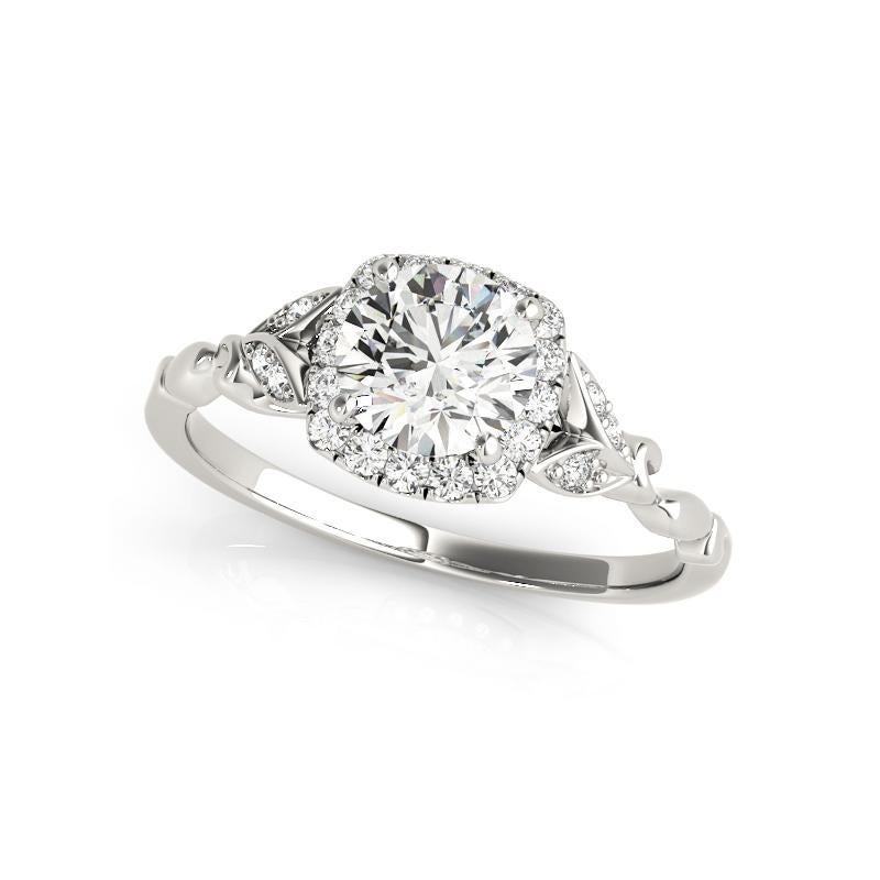 Taille ronde Bague en diamant certifié GIA de 0.91 carat, avec halo floral, feuilles et vignes en vente