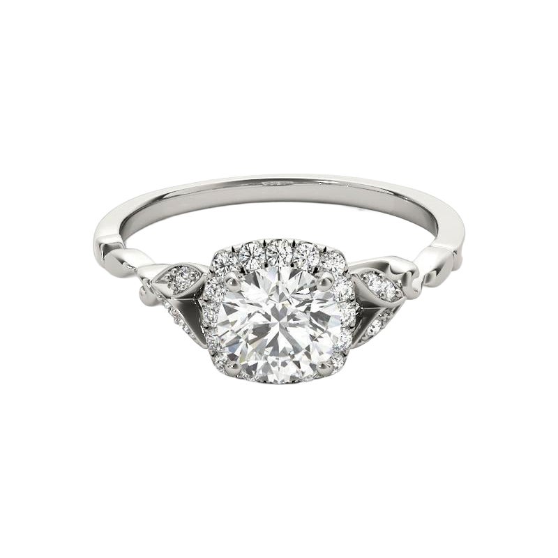 Bague en diamant certifié GIA de 0.91 carat, avec halo floral, feuilles et vignes