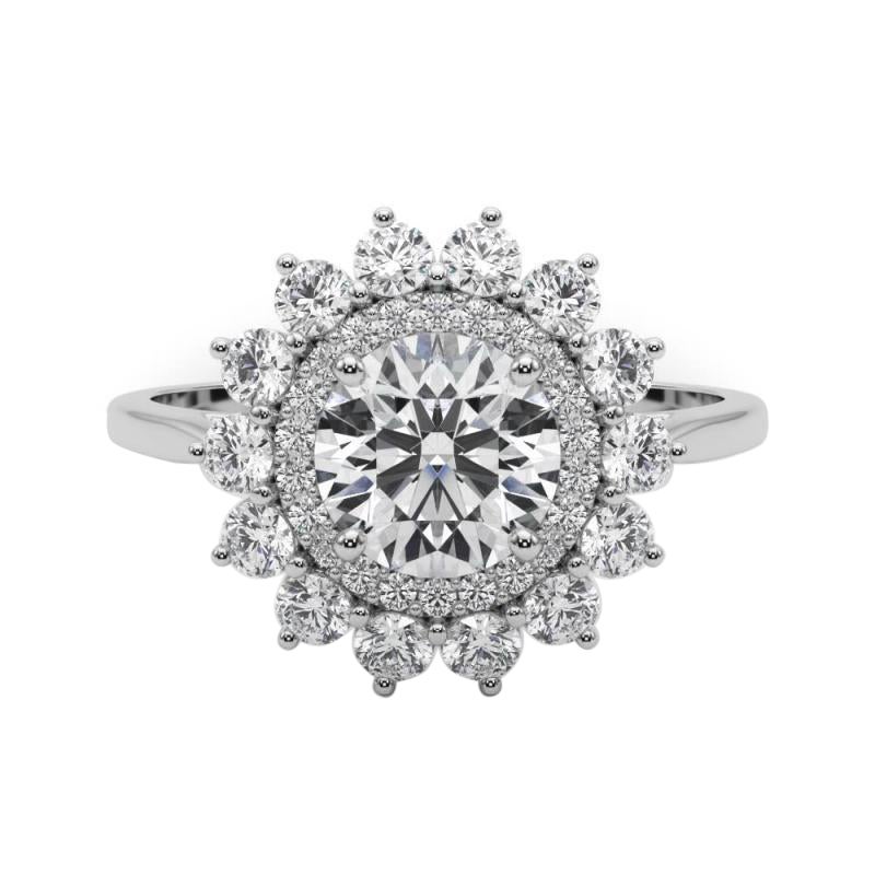 Anello di diamanti in platino certificato GIA da 0,91 carati con girasole rotondo a raggiera