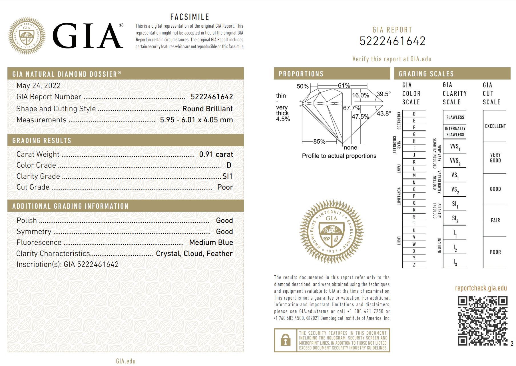 Diamant naturel rond brillant certifié par le GIA de 0,91 carat D SI1 Neuf - En vente à New York, NY