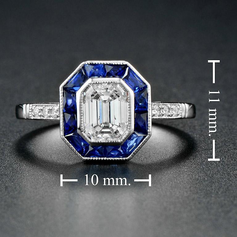 One Art Deco Style GIA Certified 0.92 Carat Diamond with Sapphire Ring  1