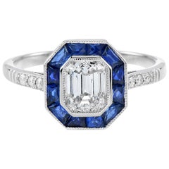 Bague de style Art déco avec un diamant de 0,92 carat et saphir certifié par le GIA