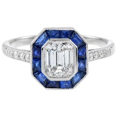 One Art Deco Style GIA Certified 0.92 Carat Diamond with Sapphire Ring 