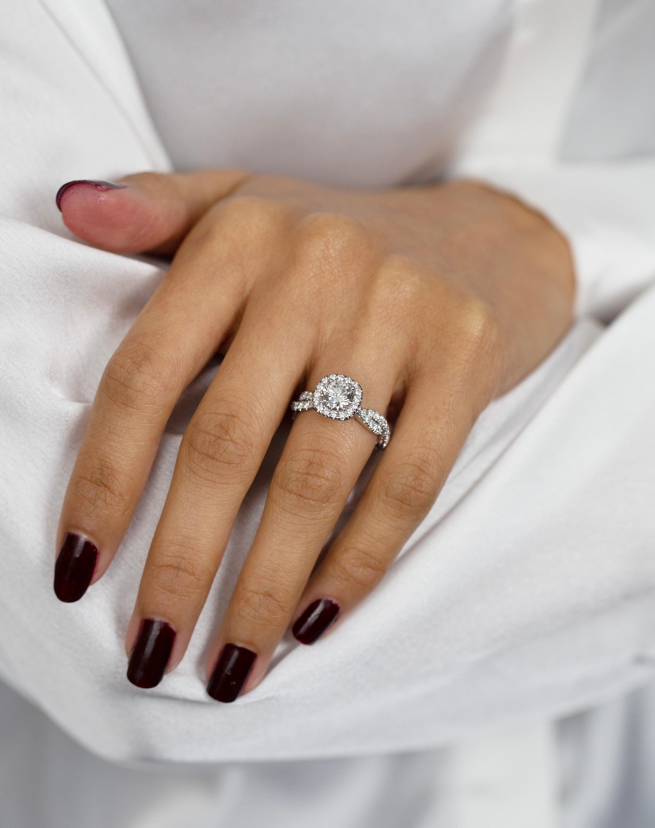 GIA Certified 0.93 Carat Round Brilliant Diamond Halo Eternity Engagement Ring In New Condition For Sale In New York, NY