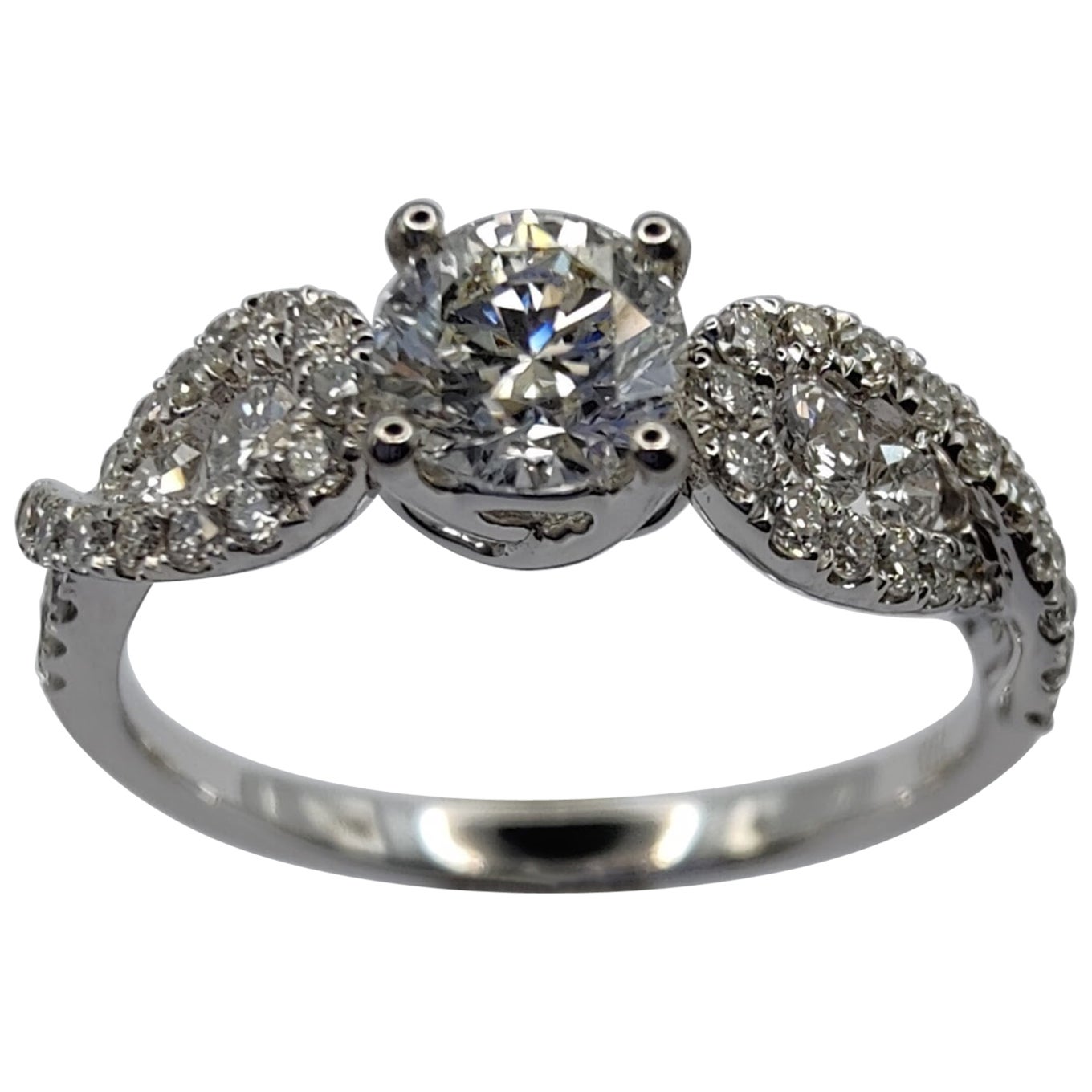 GIA Certified 0.93ct Round Diamond Cluster Wings 18K White Gold Engagement Ring For Sale