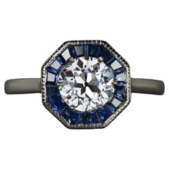 GIA Certified 0.94 Carat E SI2 Old European Cut Diamond and Blue Sapphire Art De
