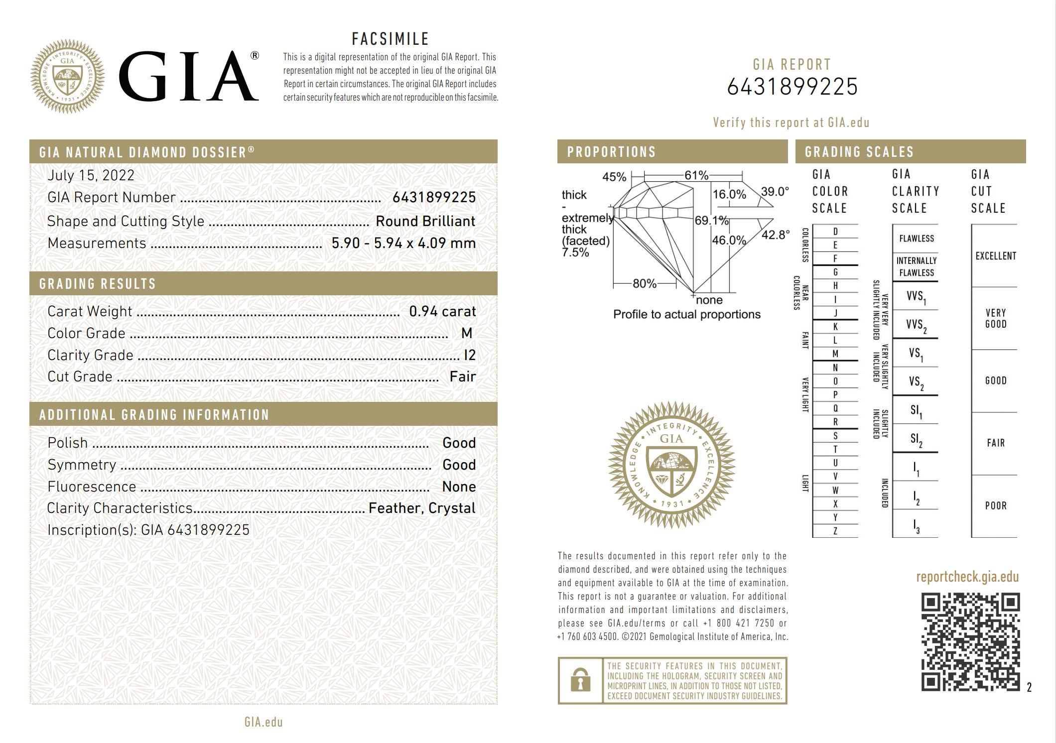GIA Certified 0.94 Carat M Colour I2 Clarity Diamond For Sale 1