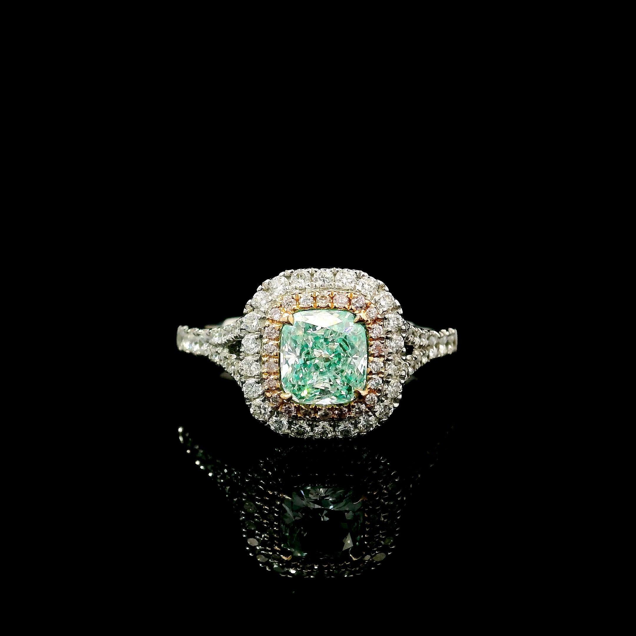 18kt white gold ring with diamonds
  
  Gold colour & karat: White gold 18kt
  Weight: 3.783 grams
  
  Set with-
  Stone type: Diamonds
  Shape: SI1
  Carat: 0.94 ct
  Colour: Very Light Yellow Green
  Clarity: SI1
  
  Surrounding Stones: