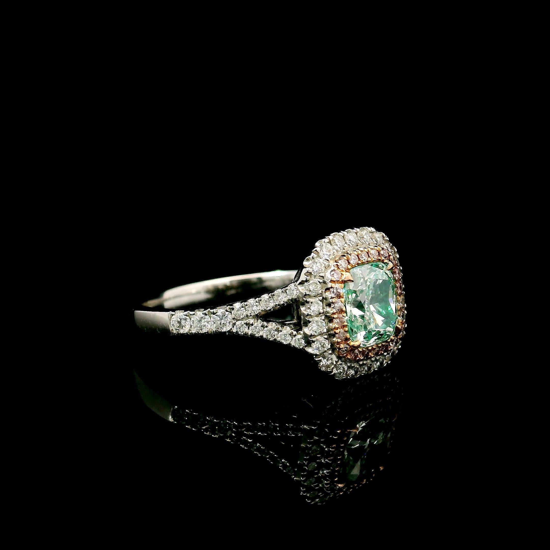 Cushion Cut GIA Certified 0.94 Carat Very Light Yellow Green SI1 Clarity Diamond Ring