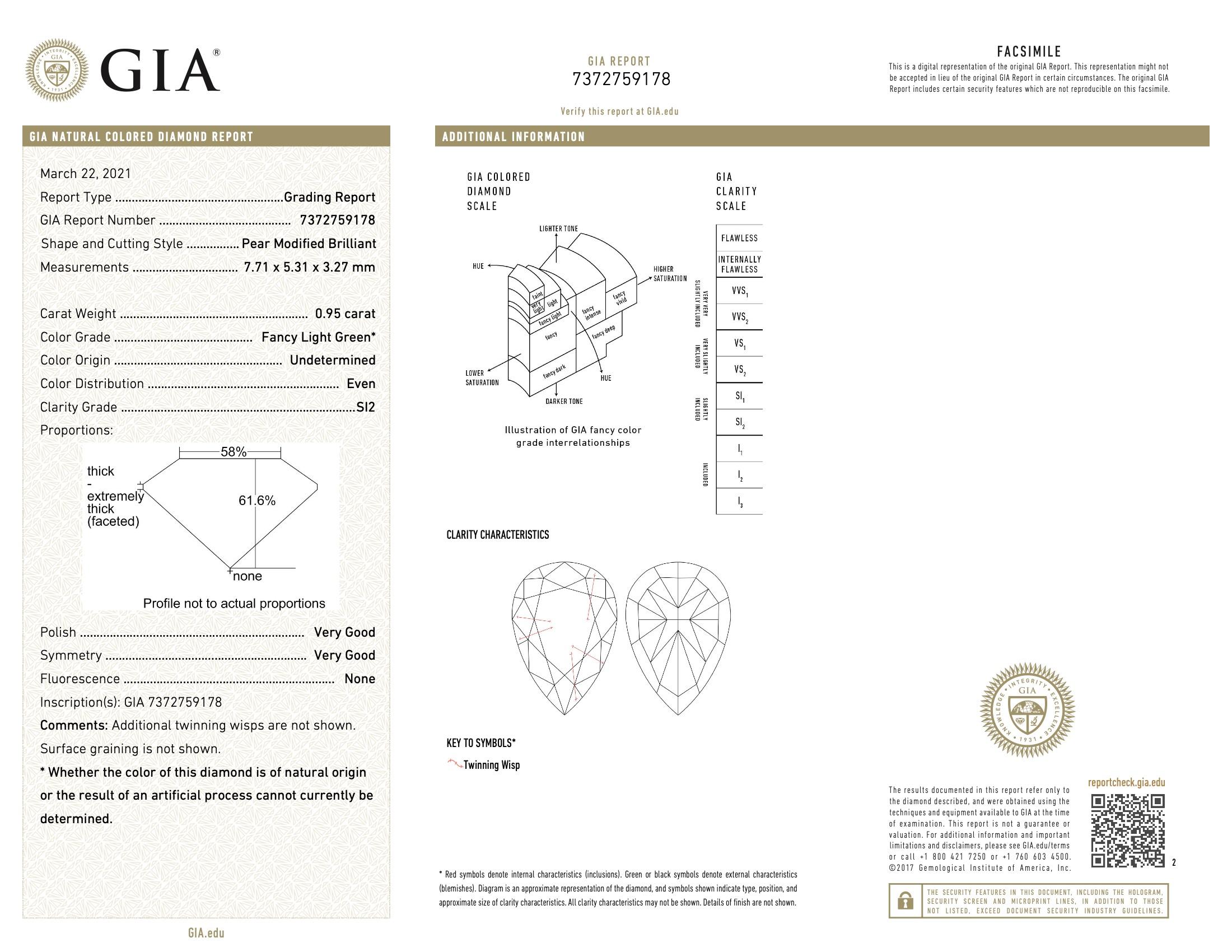 GIA Certified 0.95 Carat Fancy Light Green SI2 Clarity Diamond For Sale 1