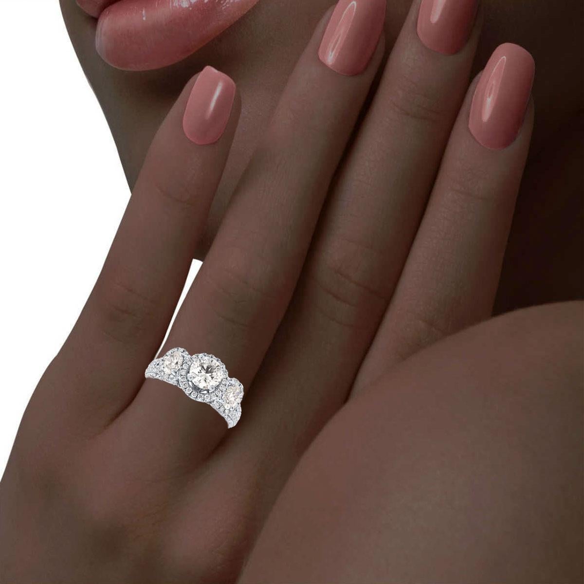 Round Cut GIA Certified 0.95 Carat Round Shape 18K WG Halo Three-Stone Diamond Ring For Sale